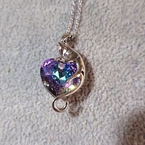 Sterling silver cat with purple crystal heart necklace